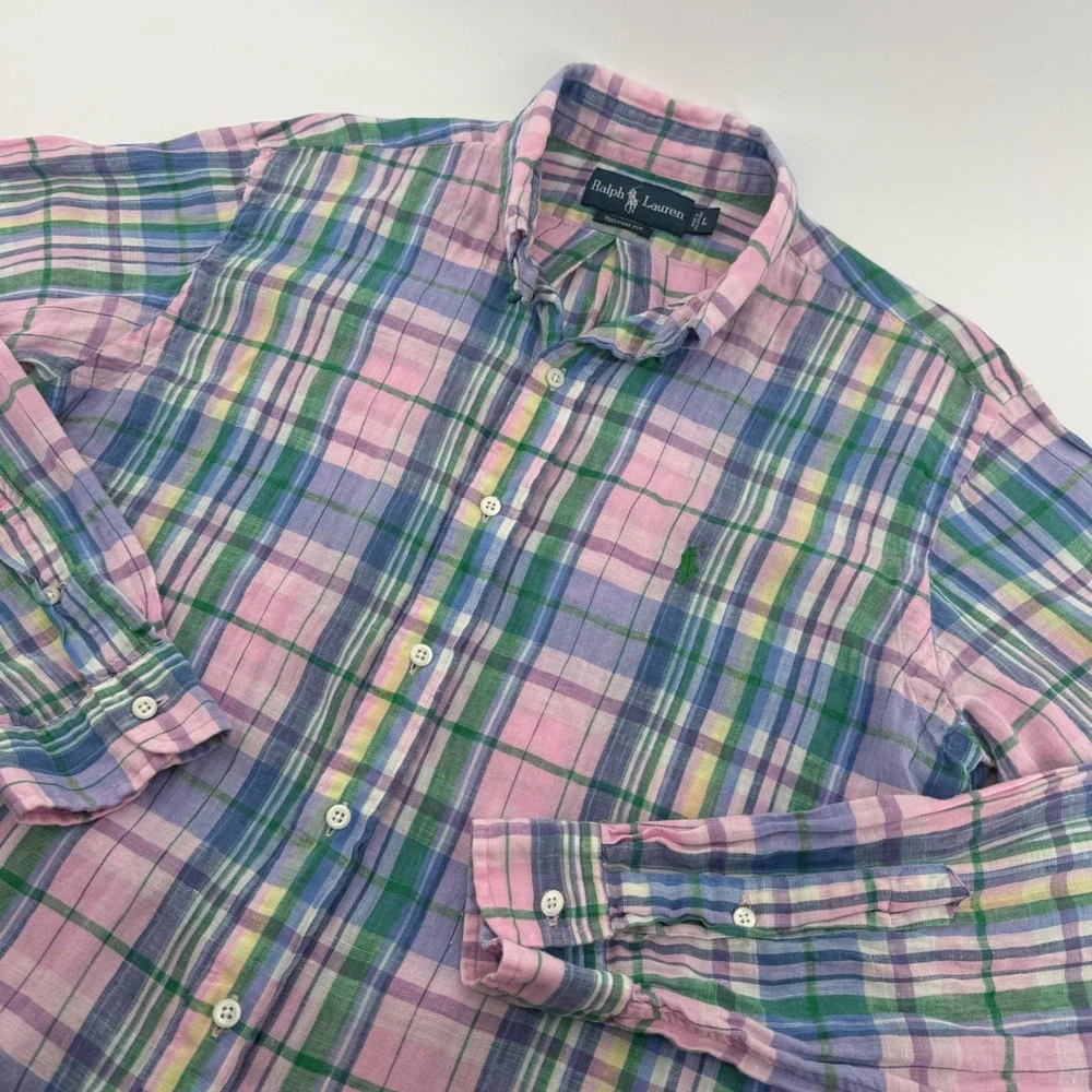 Ralph Lauren Custom Fit Linen Plaid Shirt Mens Large Pink Green Blue Button Down